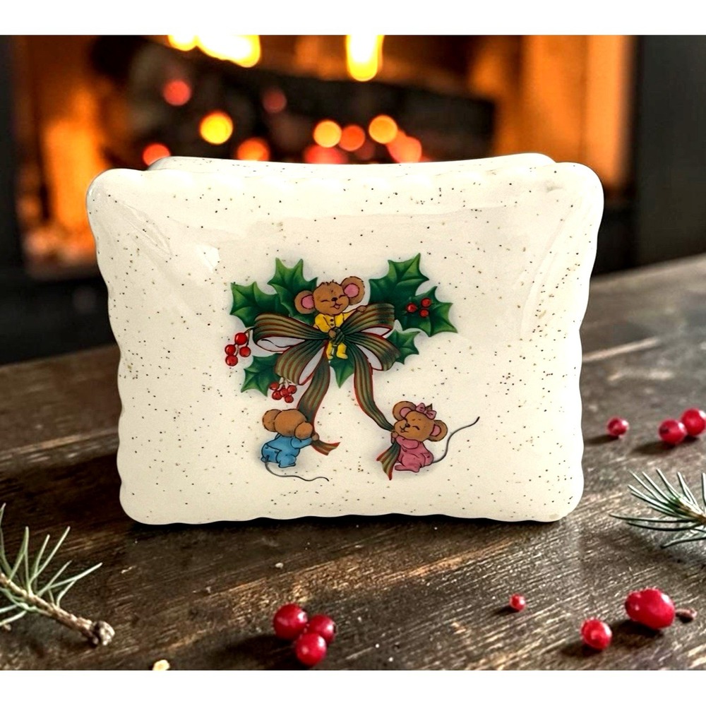 Vtg Christmas Covered Candy Dish w/Mice Glitter Handmade Kitsch Ceramic 1980's - Picture 2 of 12